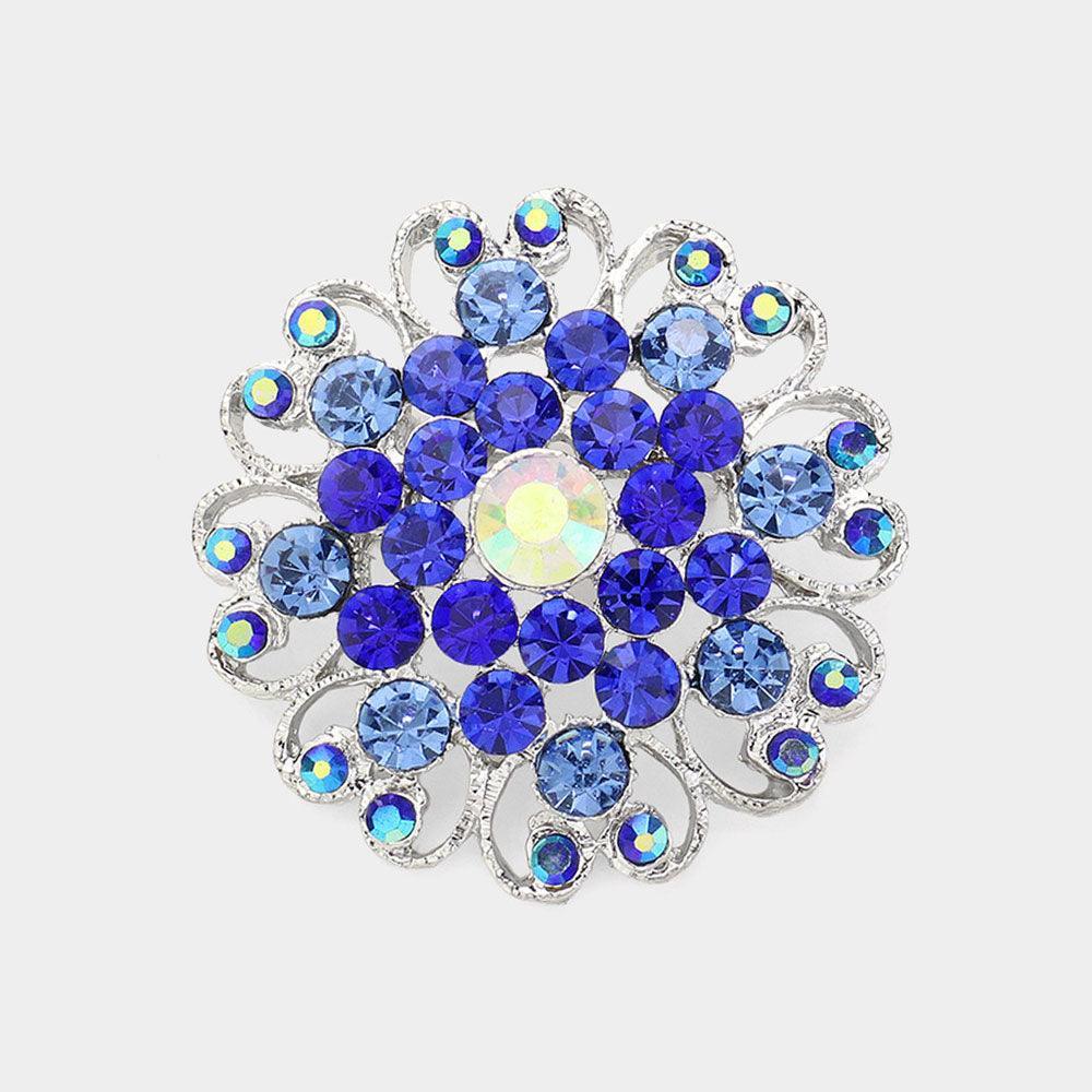 Blue Floral Heart Crystal Rhinestone Brooch