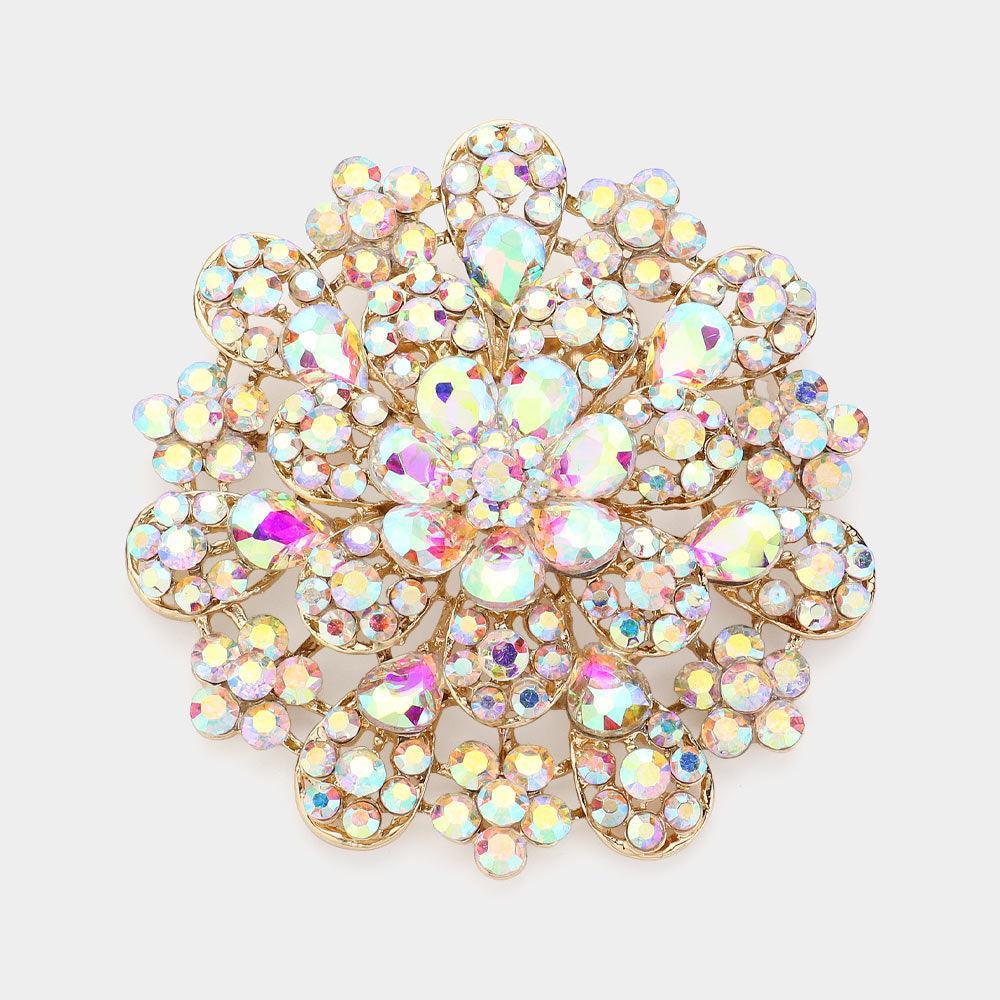 Gold Oversized Flower Crystal Pave Pin Brooch