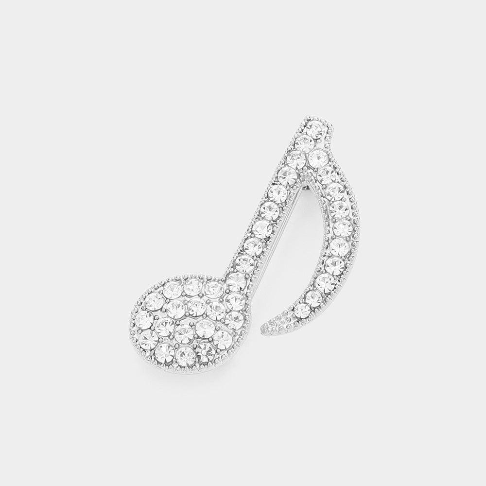 Silver Rhinestone Paved Musical Note Pin Brooch