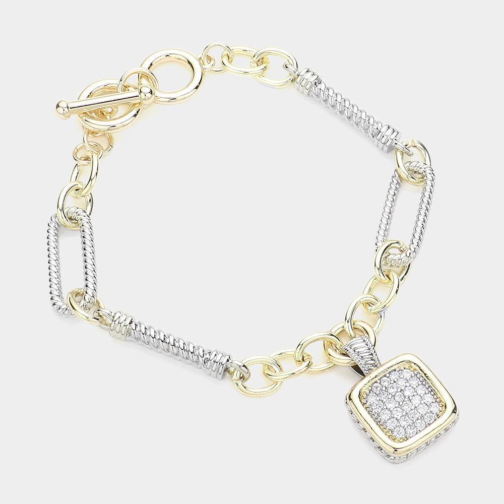 Gold 14K Gold Plated Two Tone CZ Stone Paved Square Charm Toggle Bracelet