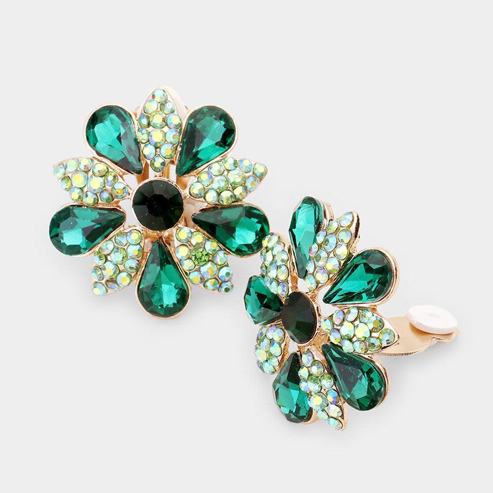 Green Pave Crystal Teardrop Floral Evening Clip On Earrings