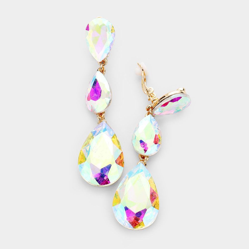 Gold Teardrop Glass Crystal Drop Evening Clip On Earrings