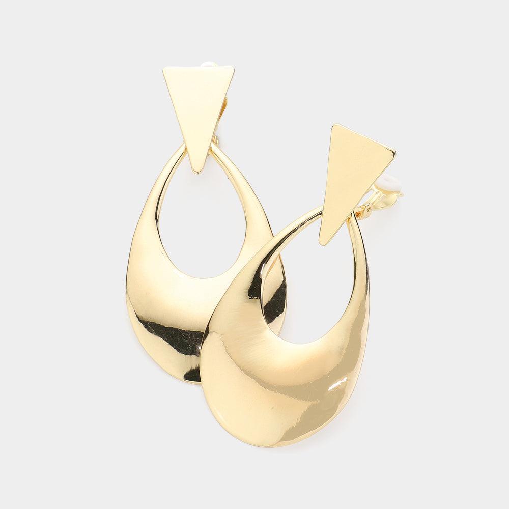 Gold Metal Triangle Open Teardrop Dangle Clip on Earrings