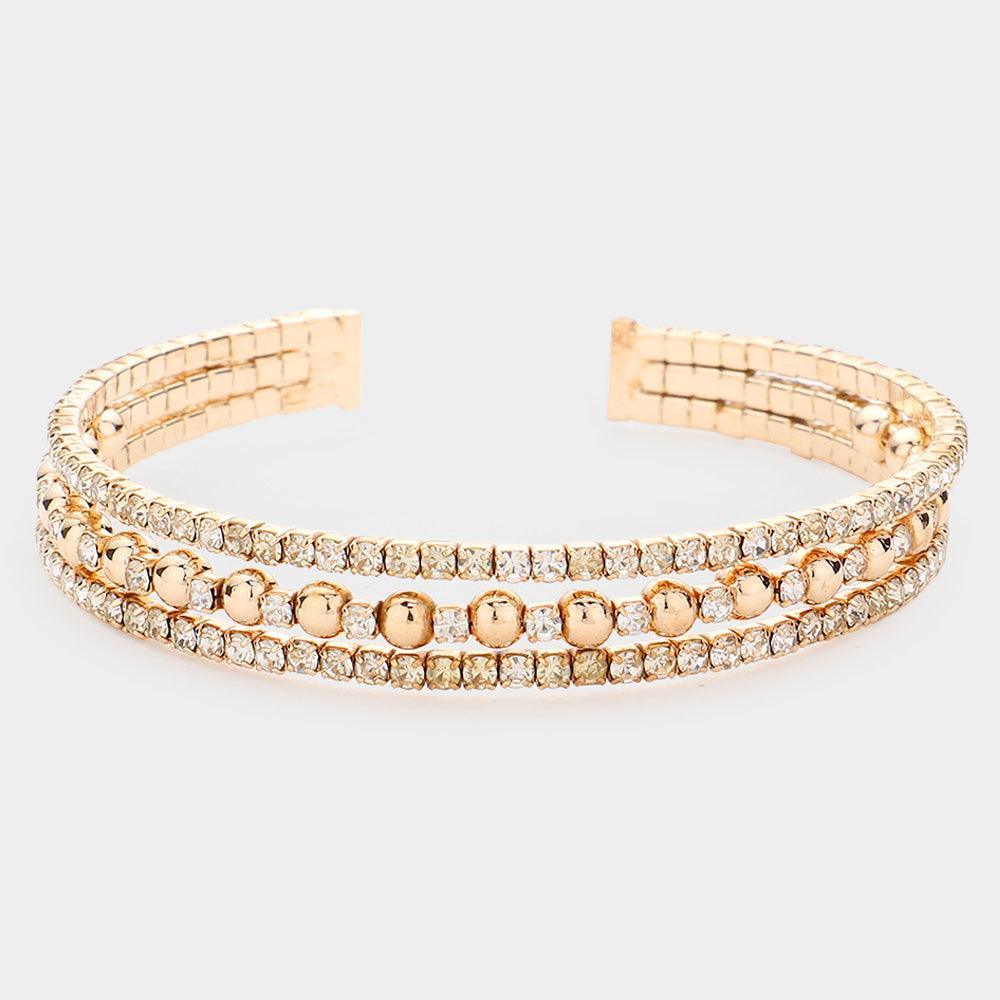 Gold Metal Ball Pointed Rhinestone Cuff Evening Bracelet