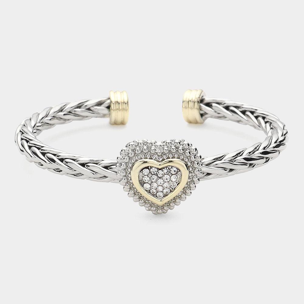 Stone Paved Heart Pointed Two Tone Braided Metal Cuff Bracelet