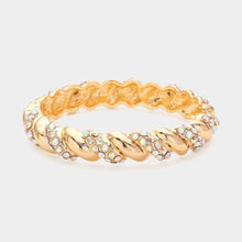 Load image into Gallery viewer, Gold Rhinestone Embellished Twisted Metal Hinged Evening Bracelet
