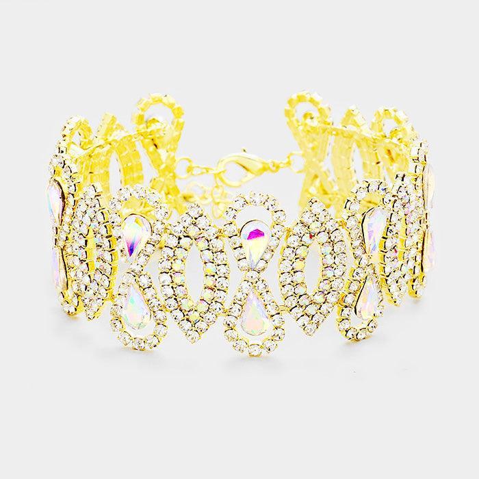 Gold Crystal Teardrop Rhinestone Pave Evening Bracelet