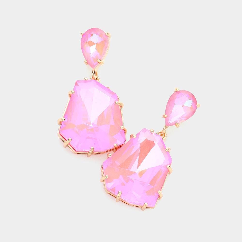 Pink Teardrop Angled Stone Link Dangle Evening Earrings