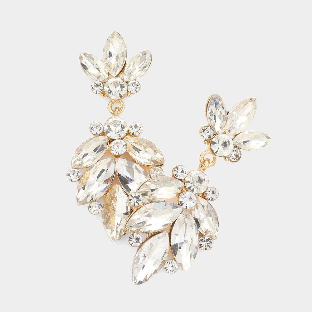 Clear Crystal Marquise Ornate Floral Evening Earrings