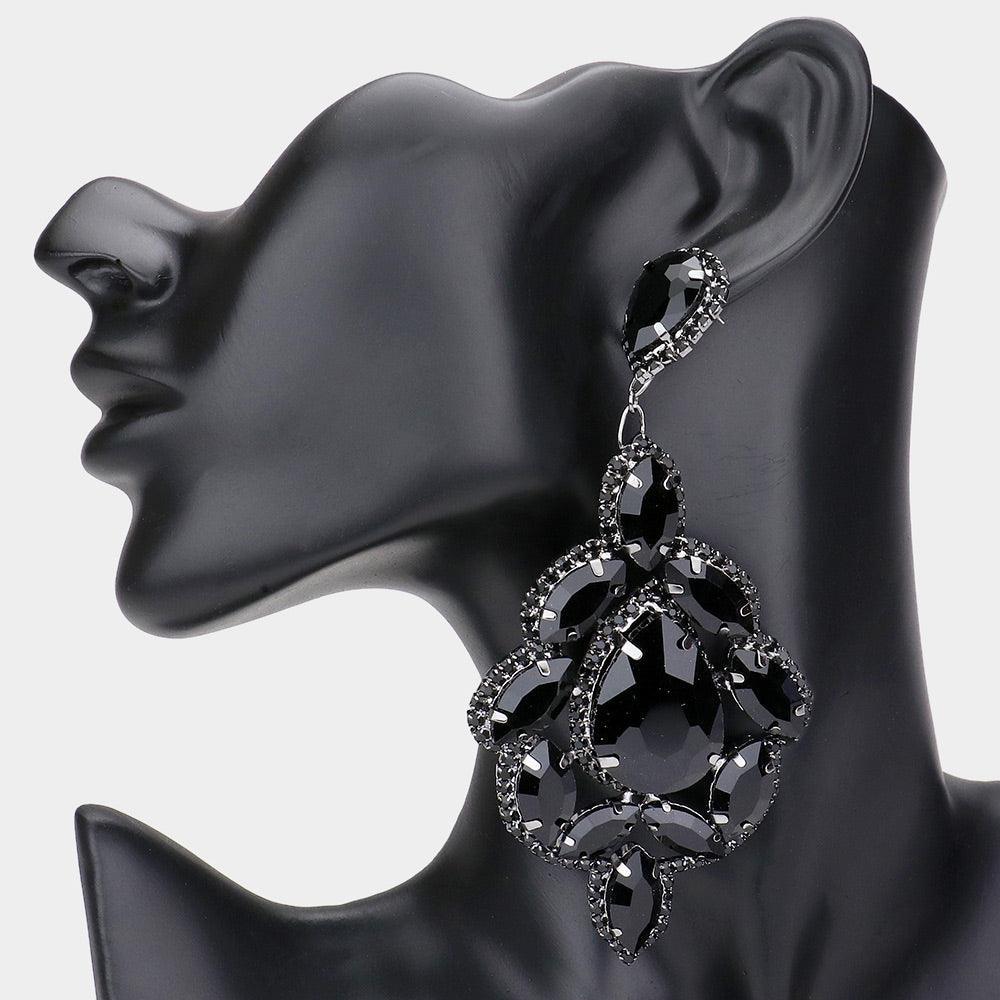 Black Teardrop Centered Dangle Evening Earrings