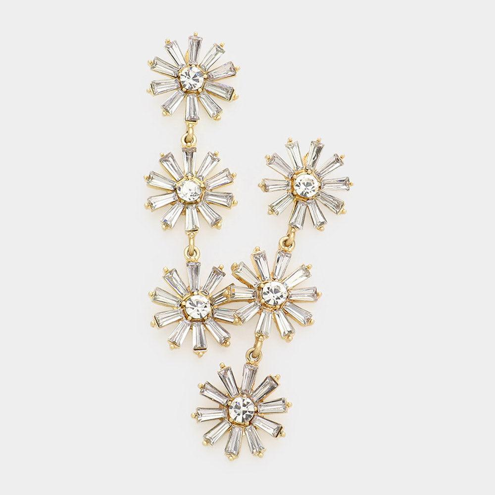 Gold Triple Flower Link Dangle Evening Earrings