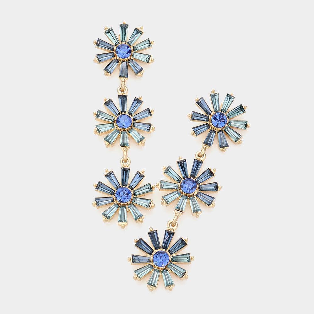 Blue Triple Flower Link Dangle Evening Earrings