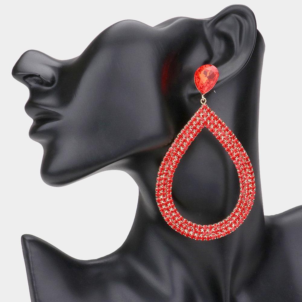 Red Rhinestone Pave Open Teardrop Dangle Evening Earrings