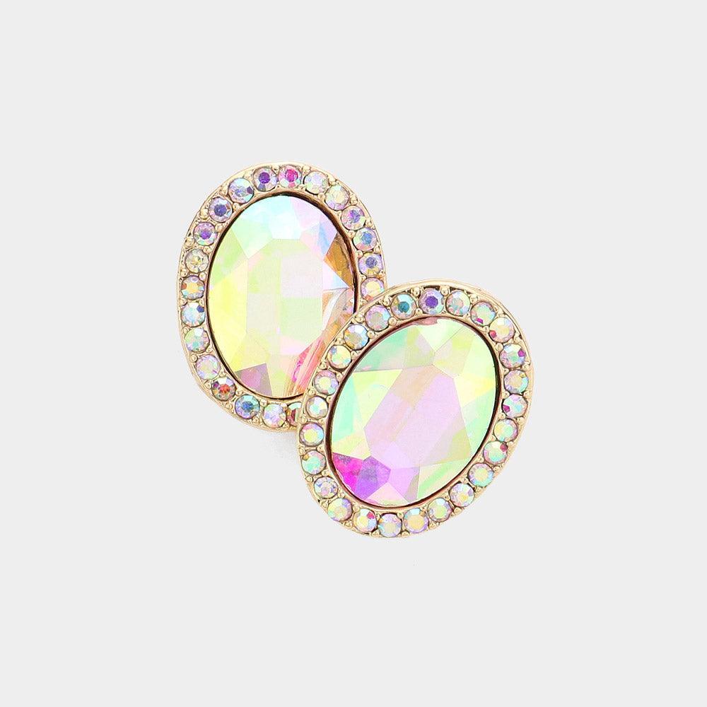 Gold Oval Crystal Stone Evening Earrings