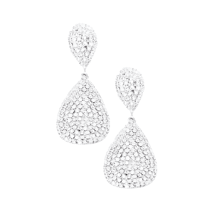 Silver Crystal Rhinestone Pave Double Teardrop Evening Earrings