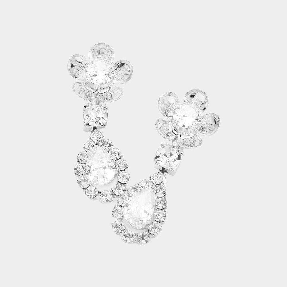 Silver Flower CZ Stone Pointed Teardrop Dangle Evening Earrings