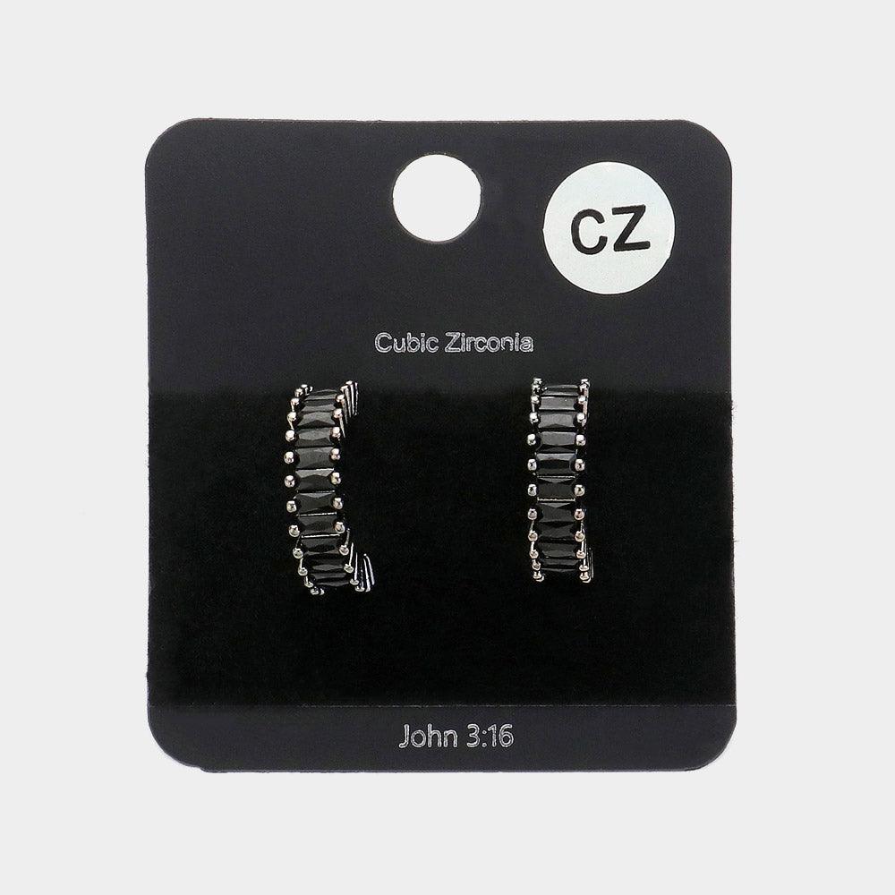 Black CZ Baguette Stone Hoop Earrings