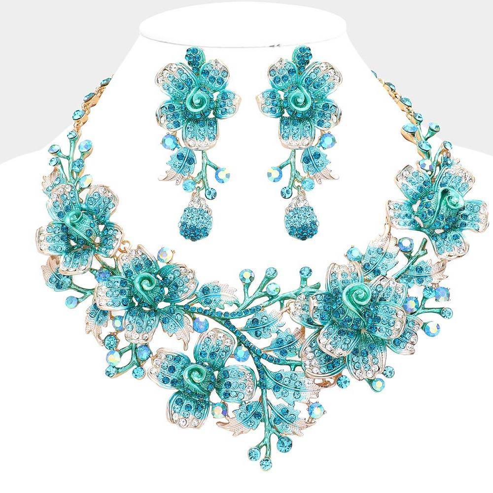 Blue Marquise Crystal Flower Leaf Evening Necklace