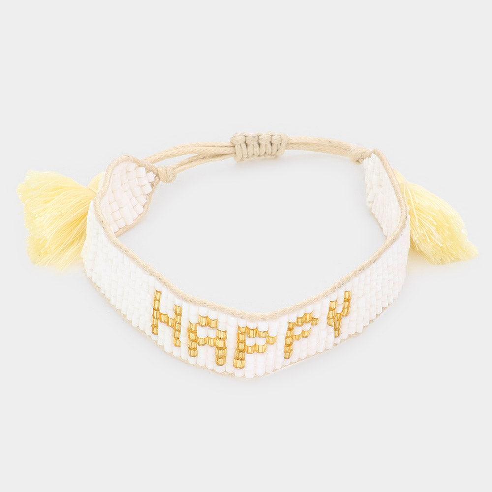 White HAPPY Message Beaded Tassel Pull Tie Cinch Bracelet