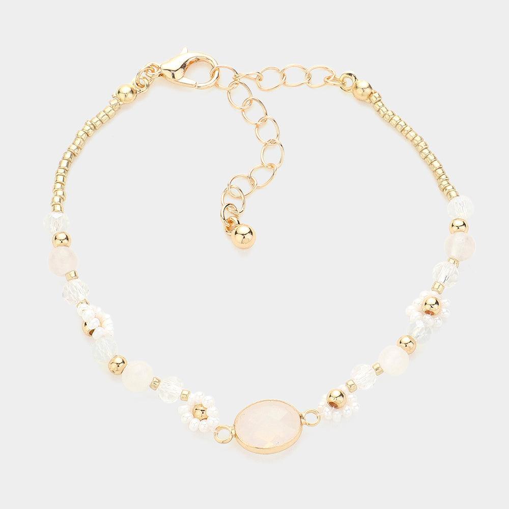 White Oval Stone Accented Flower Beaded Bracelet