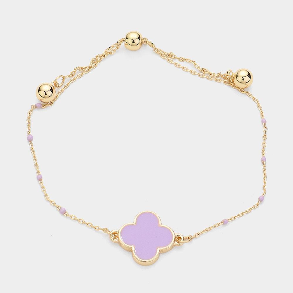 Lavender Quatrefoil Pendant Accented Seed Beads Strand Pull Tie Cinch Bracelet