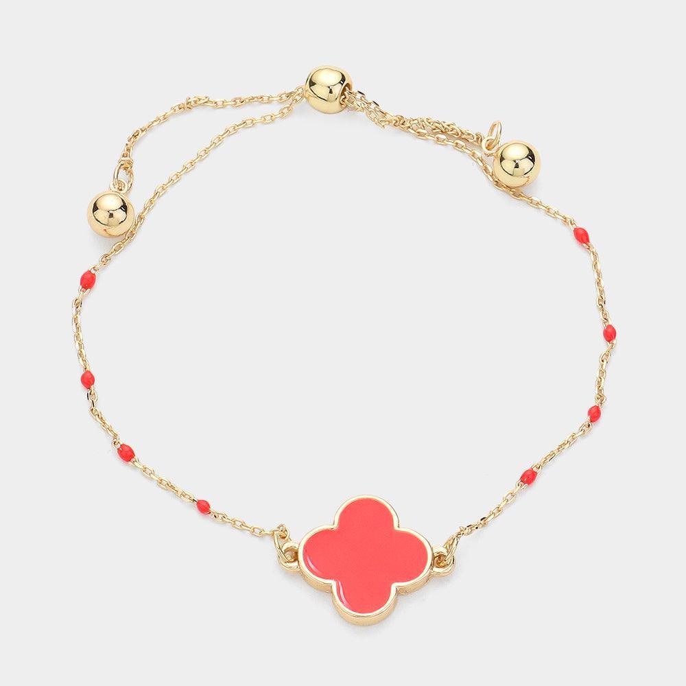 Red Quatrefoil Pendant Accented Seed Beads Strand Pull Tie Cinch Bracelet