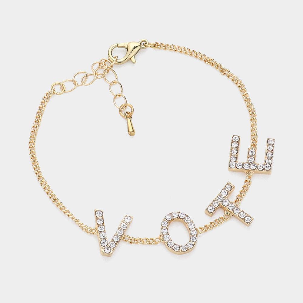 Gold Stone Paved VOTE Initial Message Station Bracelet