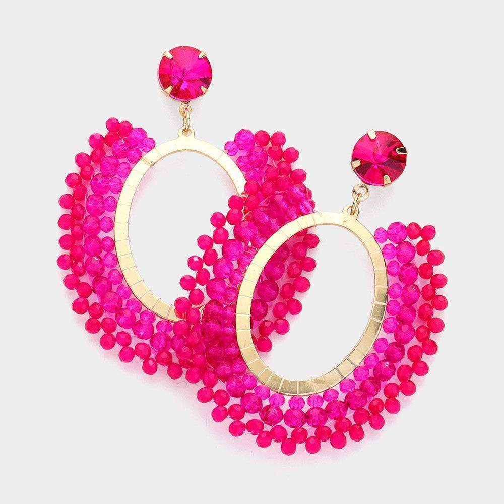 Pink Faceted Beaded Open Oval Dangle Earrings