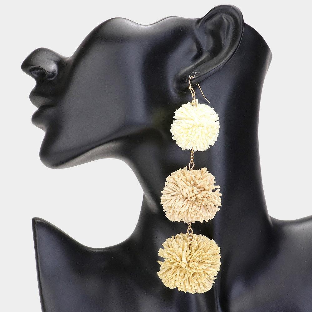 Ivory Raffia Pom Pom Link Dropdown Earrings