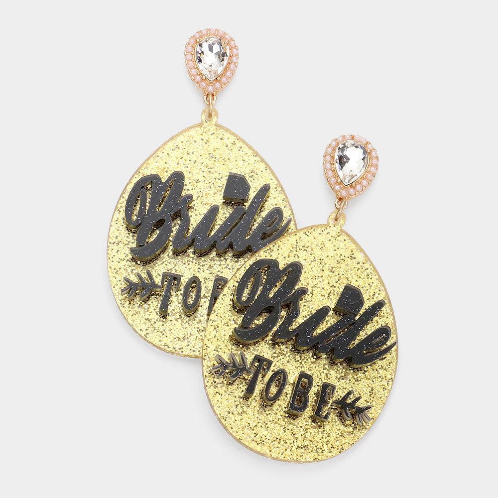 Gold Bride TO BE Glittered Resin Teardrop Dangle Earrings