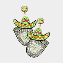 Load image into Gallery viewer, Green Felt Back Seed Beaded Cowboy Hat Accented Dangle Earrings

