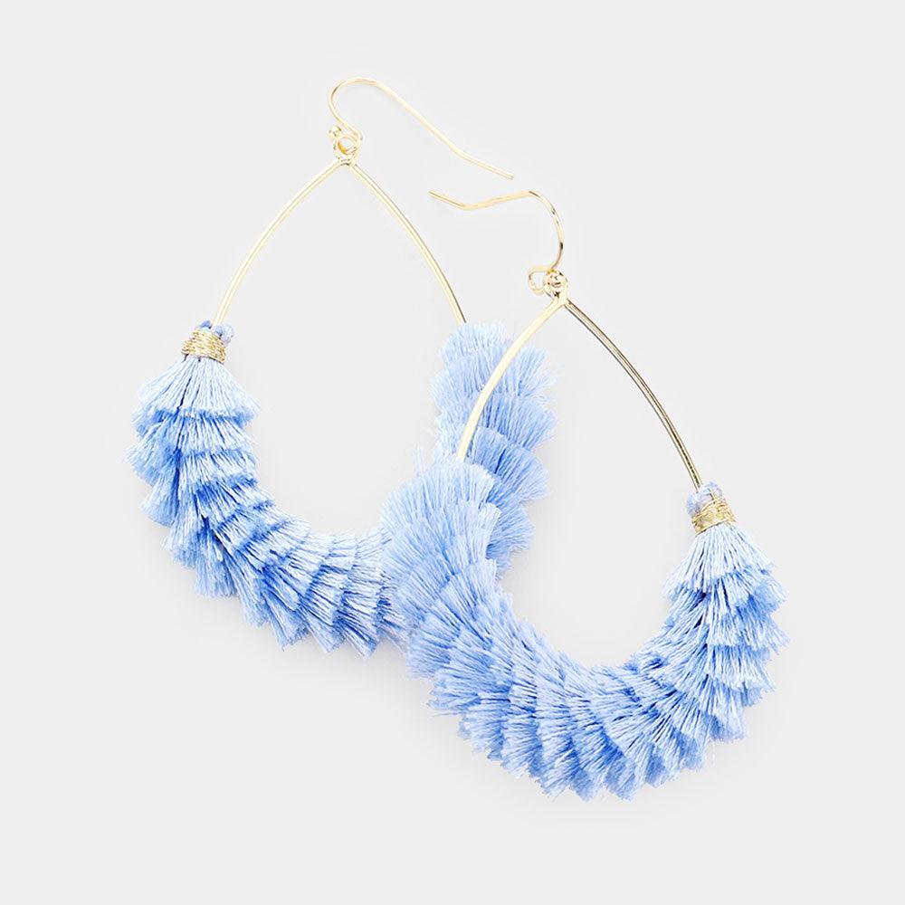 Blue Open Metal Teardrop Tassel Earrings