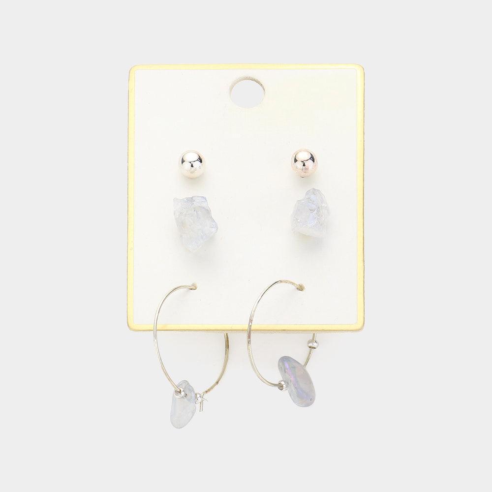 Silver 3PAIRS - AB Aurora Borealis Natural Stone Earrings Set