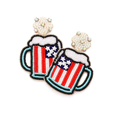 Load image into Gallery viewer, Felt Back Pearl Cluster Quatrefoil American USA Flag Beer Link Dangle Earrings
