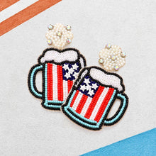 Load image into Gallery viewer, Felt Back Pearl Cluster Quatrefoil American USA Flag Beer Link Dangle Earrings
