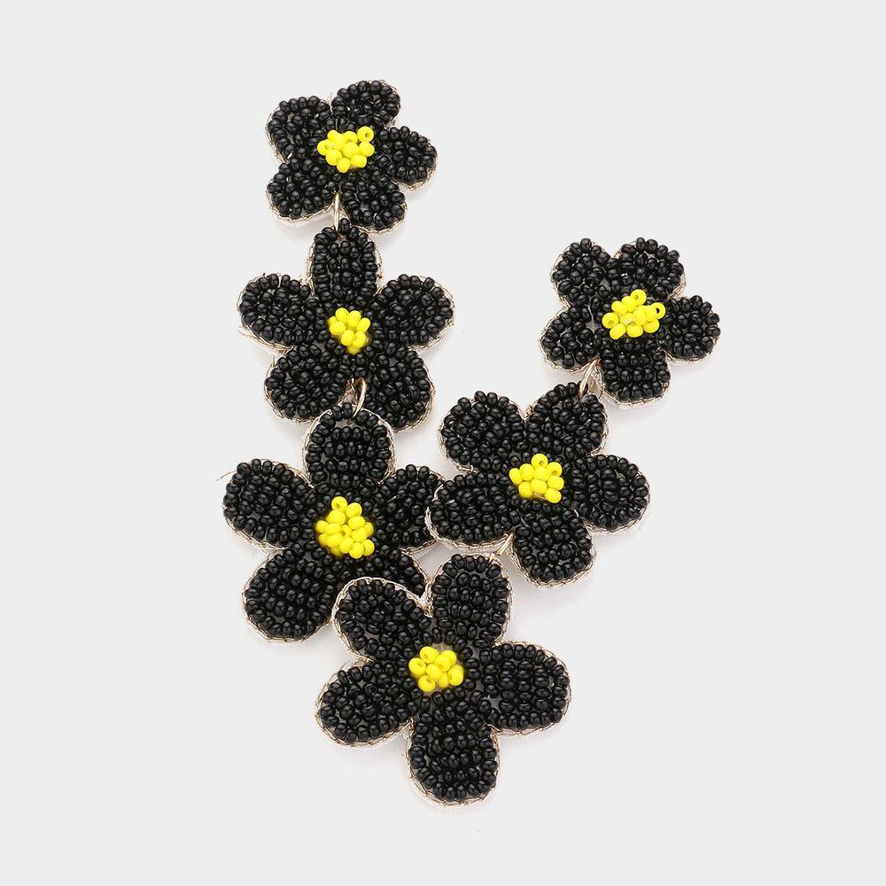 Black Felt Back Triple Flower Beaded Dropdown Earrings