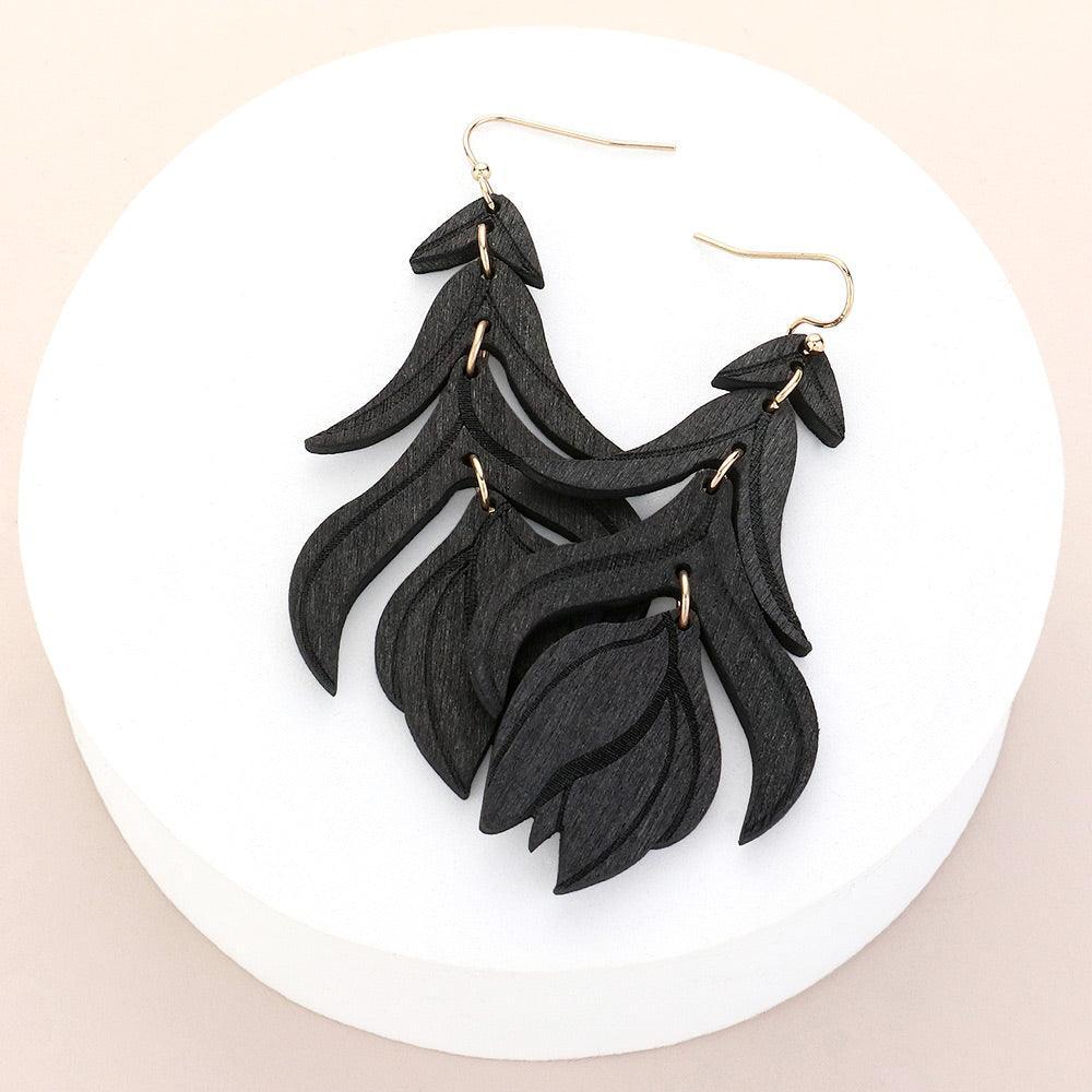 Black Wood Flower Leaf Link Dropdown Earrings