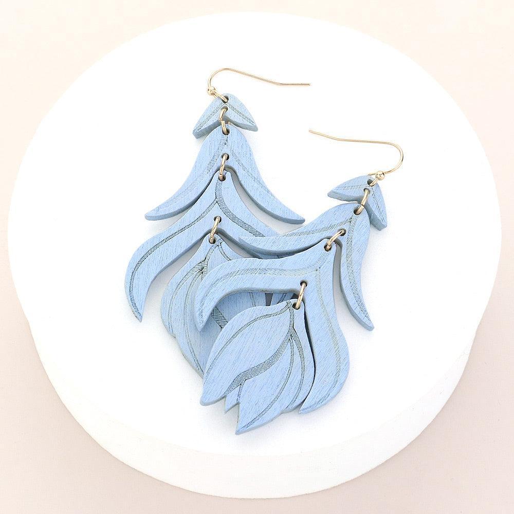 Blue Wood Flower Leaf Link Dropdown Earrings