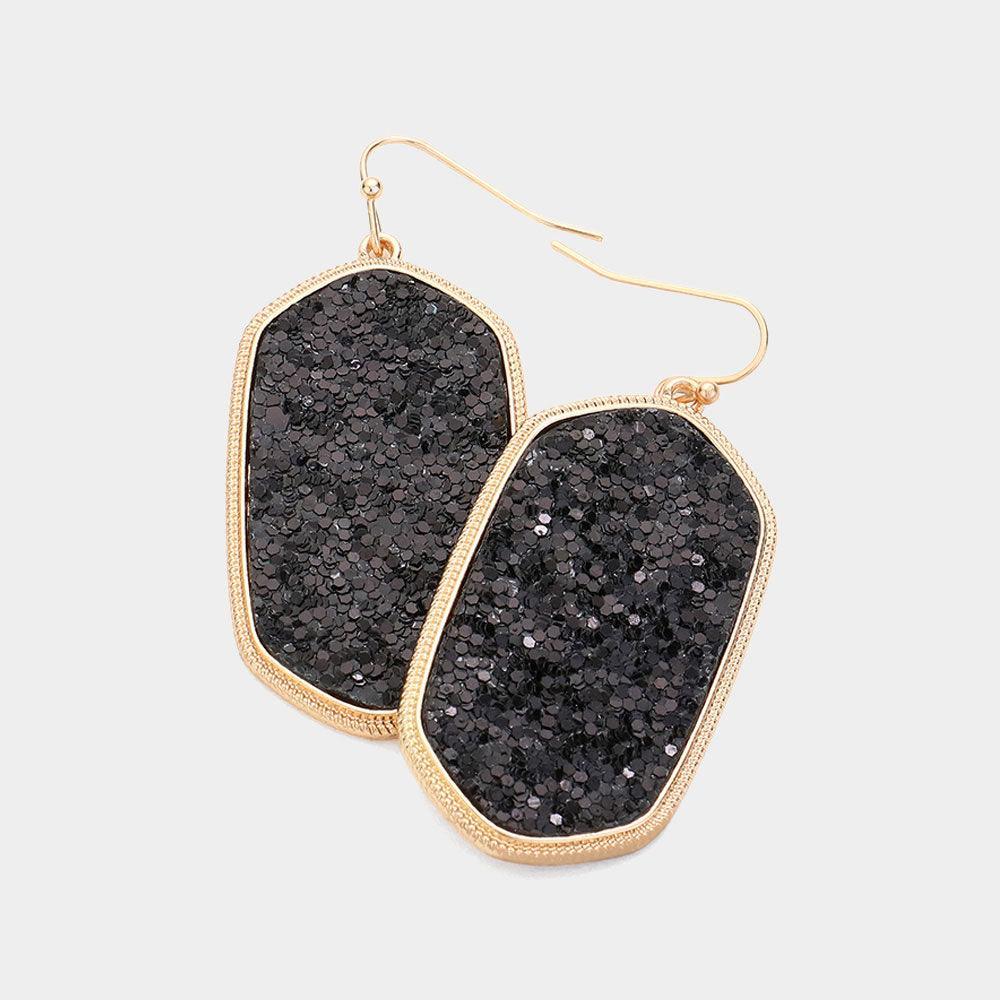 Black Sparkly Hexagon Frame Dangle Earrings