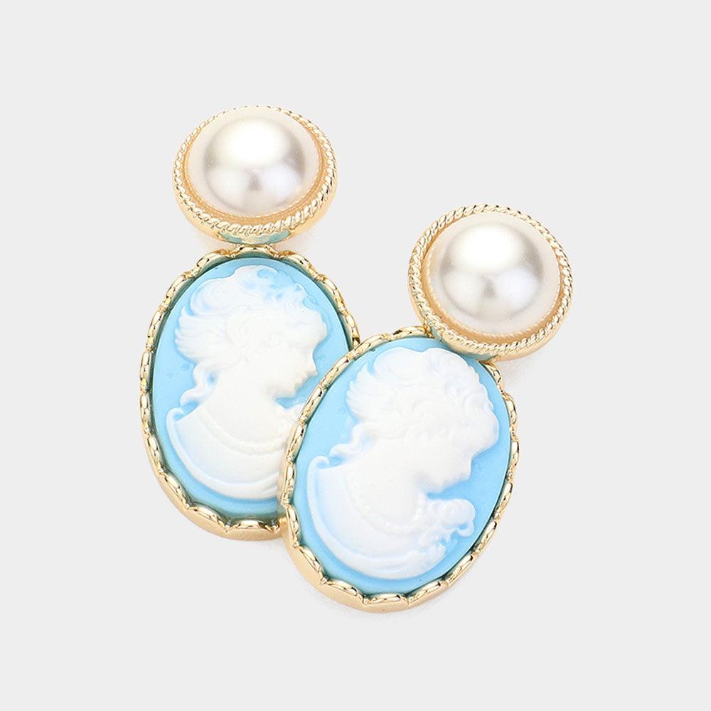 Blue Pearl Pointed Cameo Dangle Earrings