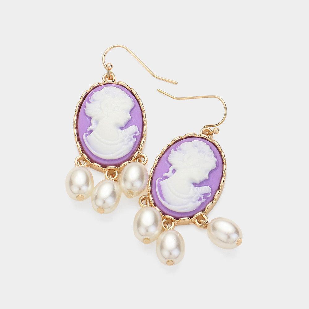 Lavender Triple Pearl Embellished Cameo Dangle Earrings