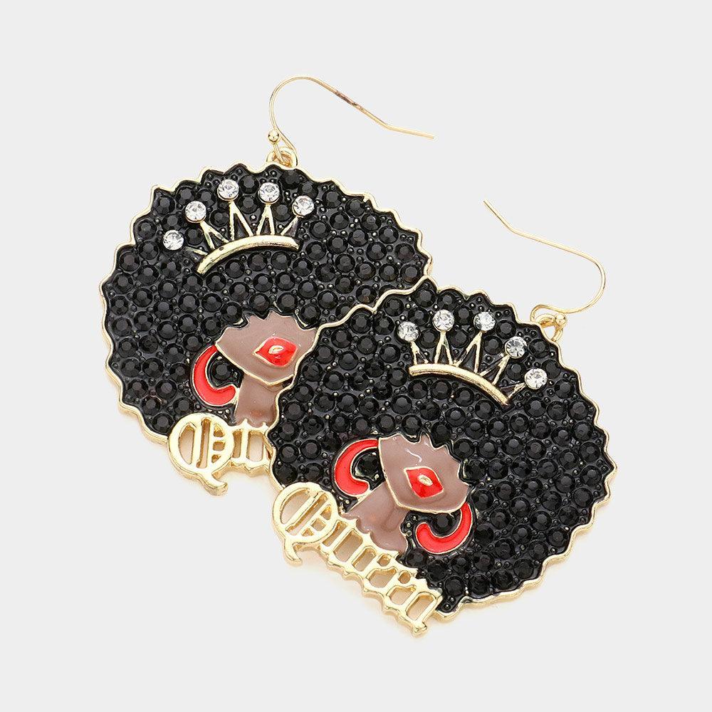 Black Stone Embellished Queen Message Afro Girl Dangle Earrings