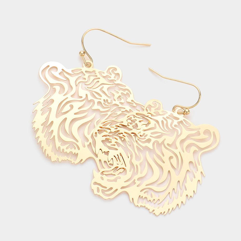 Gold Cut Out Metal Tiger Dangle Earrings