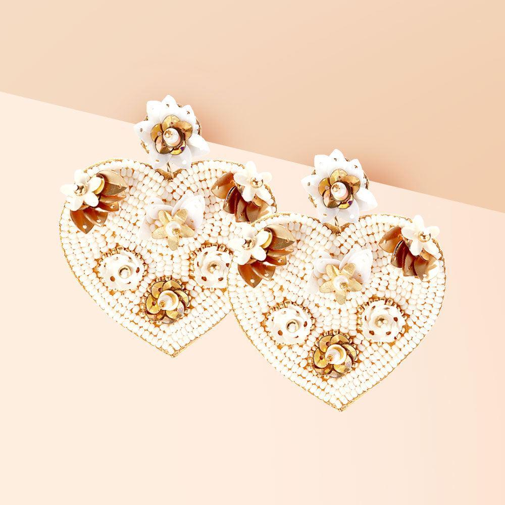 Ivory Felt Back Flower Pointed Seed Beaded Heart Dangle Earrings