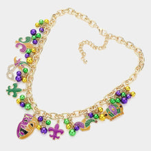 Load image into Gallery viewer, Gold Mardi Gras Enamel Fleur de Lis Mask Hat Pendant Station Necklace
