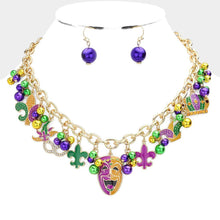 Load image into Gallery viewer, Gold Mardi Gras Enamel Fleur de Lis Mask Hat Pendant Station Necklace
