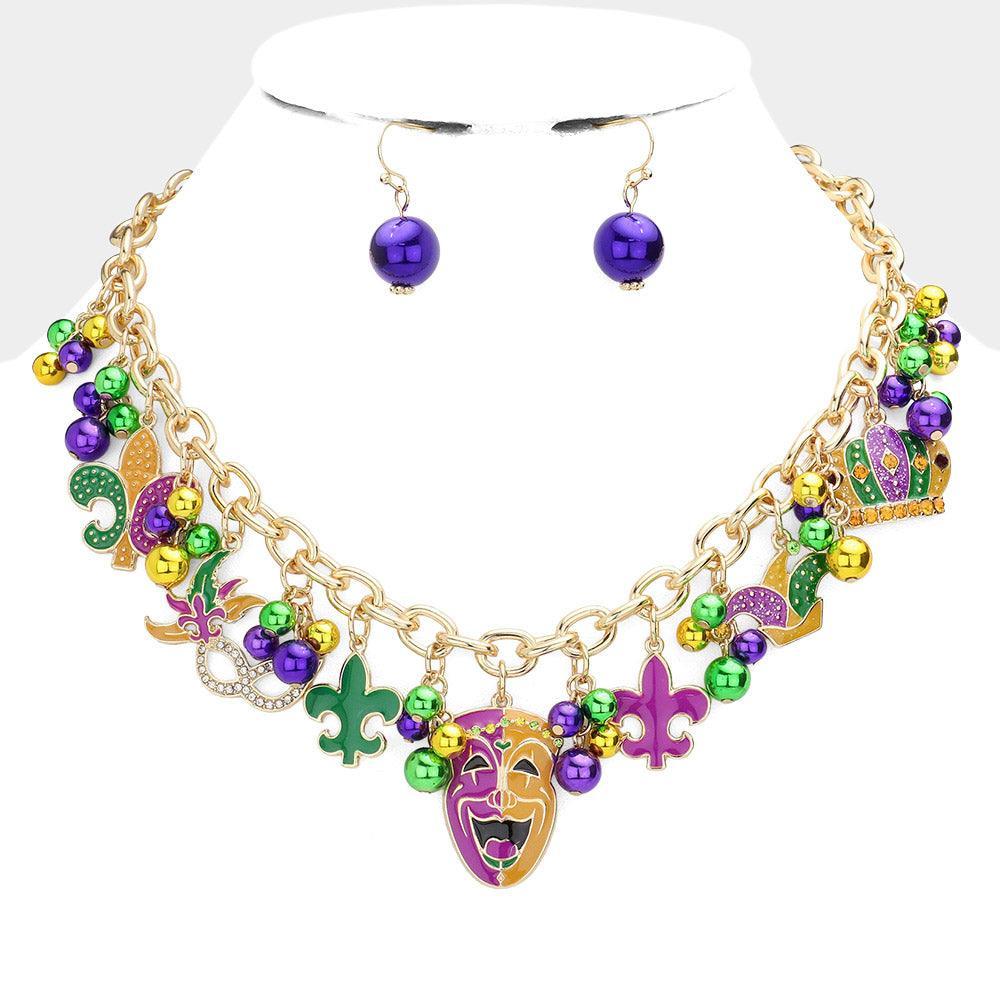 Gold Mardi Gras Enamel Fleur de Lis Mask Hat Pendant Station Necklace
