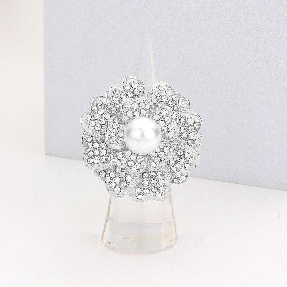 Clear Crystal Pave Pearl Flower Stretch Ring