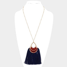 Load image into Gallery viewer, Gold Fan Tassel Hammered Teardrop Pendant Long Necklace

