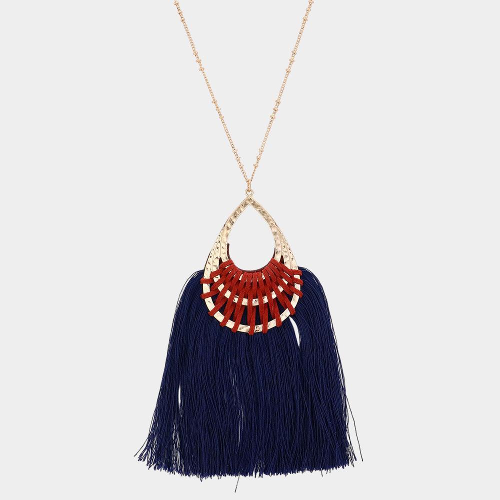 Gold Fan Tassel Hammered Teardrop Pendant Long Necklace